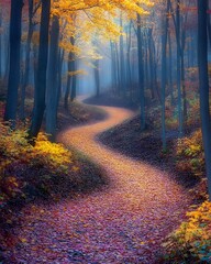 Obraz premium A winding path through a misty autumn forest, bathed in warm sunlight that filters through the colorful leaves.