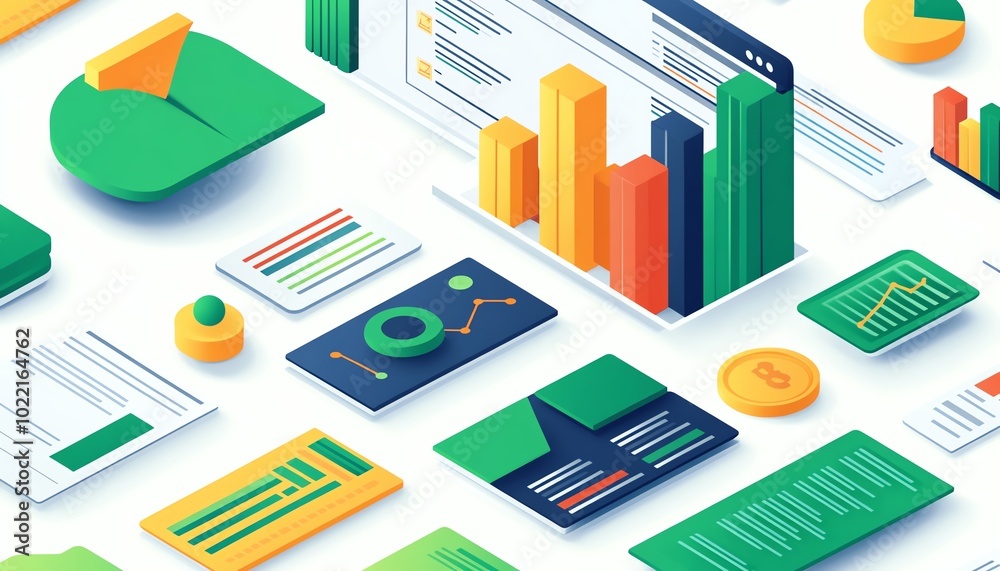 Poster dynamic isometric view of a business presentation, data report illustration, isolated on white backg