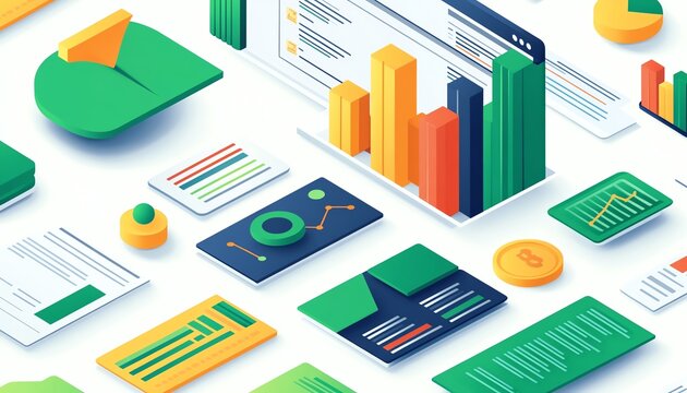 Dynamic isometric view of a business presentation, data report illustration, isolated on white background, bright colors, clear and informative