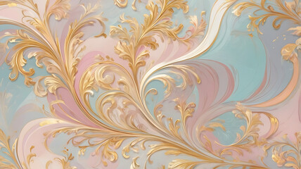 Rococo-Inspired Abstract with Pastel Swirls and Gold Detailing