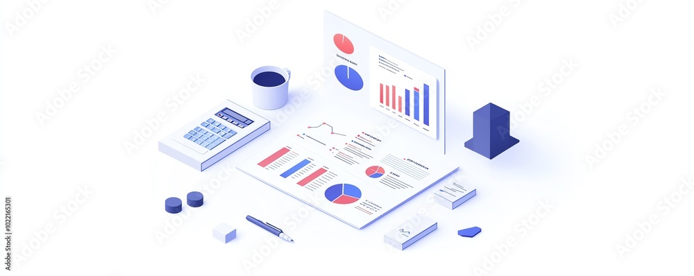 Aufkleber isometric view of a business data report, charts and graphs, isolated on white background, sleek and