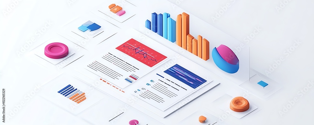 Poster isometric view of a business data report, charts and graphs, isolated on white background, sleek and