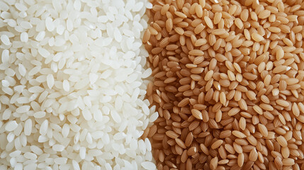 white rice or brown rice: a close-up, top-down view of white rice and brown rice in small heaps, placed side by side on a light background