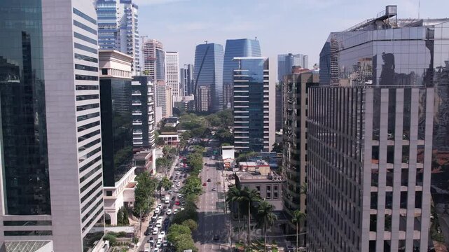 Aerial view of Avenida Brigadeiro Faria Lima, Itaim Bibi. Iconic commercial buildings in the background.