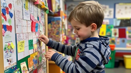 Kindergartener participating in a kindness day performing acts of kindness for classmates and creating a kindness wall