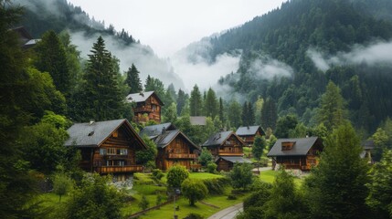 A peaceful mountain village with wooden cabins surrounded by lush green trees and misty hills, creating a serene and tranquil atmosphere.
