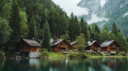 Fototapeta premium A row of cozy wooden cabins along a serene lakeside, nestled in a misty mountain forest with calm water reflections and lush greenery. 