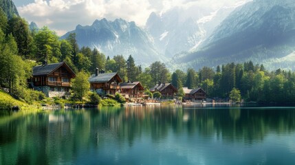 Fototapeta premium A serene mountain village with wooden cabins nestled along the edge of a crystal clear lake, surrounded by towering peaks and lush forest. 