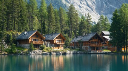 A serene mountain village with wooden cabins nestled along the edge of a crystal clear lake, surrounded by towering peaks and lush forest.
