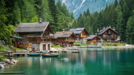 A picturesque mountain village with wooden cabins nestled along a peaceful lake, surrounded by dense forest and reflecting tranquil waters.
