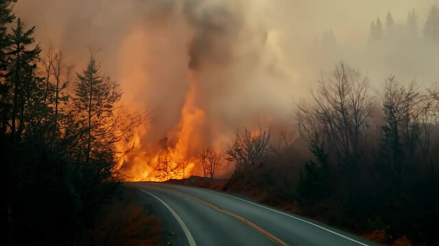 Intense Forest Fire Engulfs Roadside in Dramatic Scene