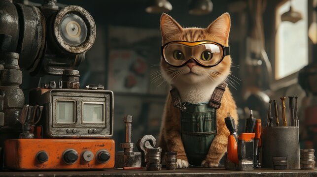 An engineer cat with safety goggles and a toolkit, standing next to a machine or mechanical project