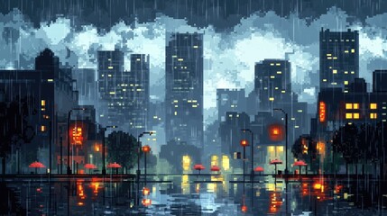 Obraz premium A rainy 8-bit city day with umbrellas covering the streets, tall buildings shrouded in clouds, and rain reflecting off the pavement
