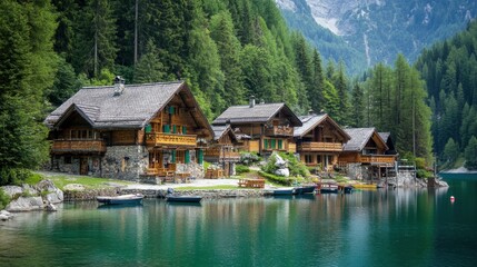 A picturesque mountain village with wooden cabins nestled along a peaceful lake, surrounded by dense forest and reflecting tranquil waters.
