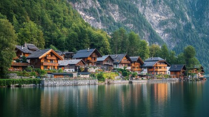 Fototapeta premium A serene mountain village with wooden cabins nestled along the edge of a crystal clear lake, surrounded by towering peaks and lush forest. 