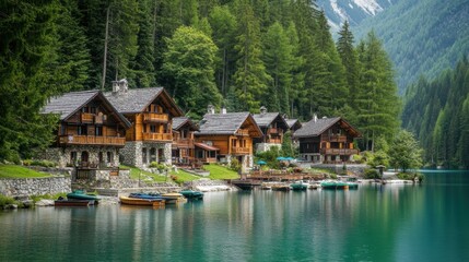 A picturesque mountain village with wooden cabins nestled along a peaceful lake, surrounded by dense forest and reflecting tranquil waters.
