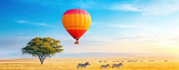 Obraz premium Early morning hot air balloon ride over the plains of the Serengeti, Tanzania, with wildebeests and zebras below, African safari, wildlife adventure with space for text
