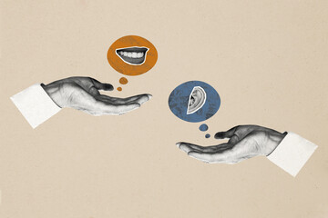 Composite photo collage of hands hold body part mouth ear listen gossips hearsay whisper...