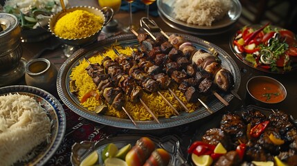 Persian feast with saffron rice kebabs and a variety of stews in an opulent setting