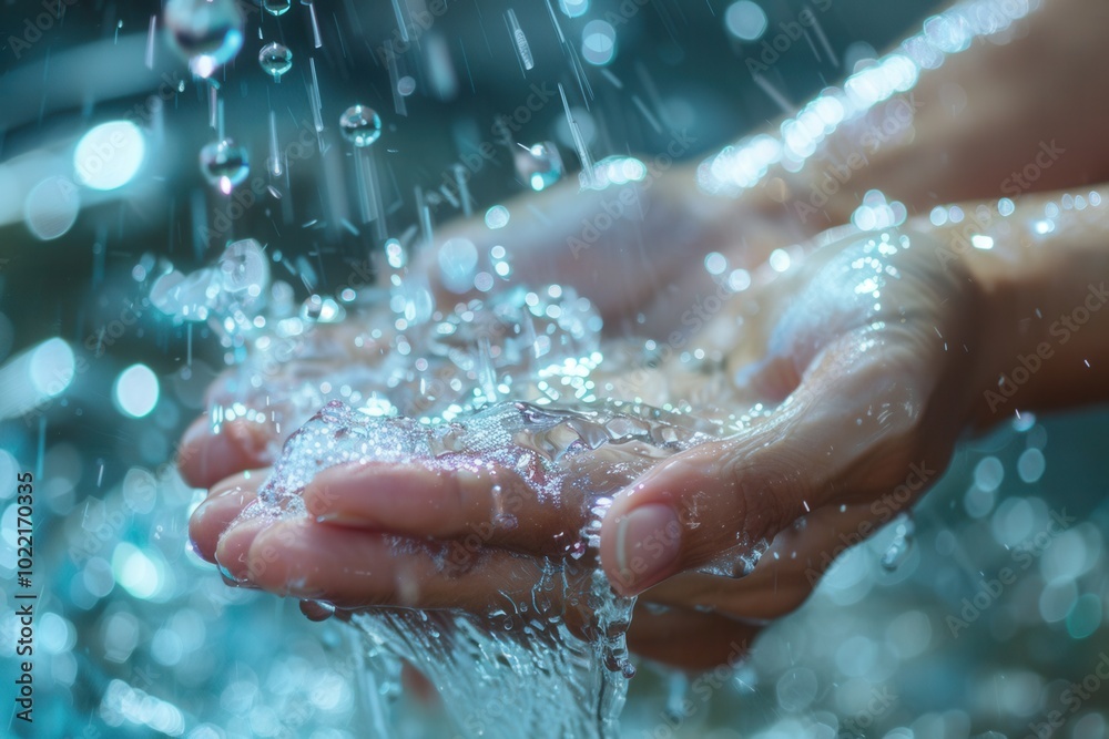 Fototapete water cascades over hands as they are being washed, emphasizing cleanliness and personal hygiene pra