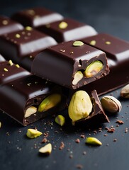 Close up of a dark Dubai chocolate bar with a bite taken from it against a blurred background, the...