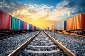Fototapeta premium Freight train with colorful containers. Illustrates the importance of transport for global trade.
