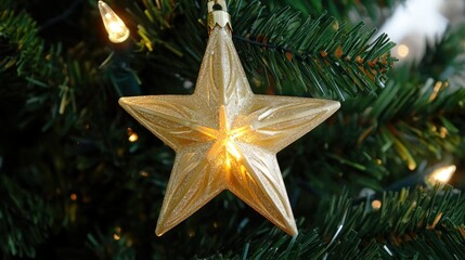 Golden star ornament shining on green christmas tree branch with twinkling lights, celebrating merry christmas and happy new year ai