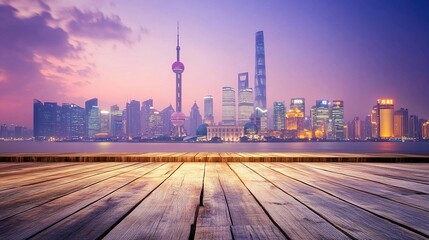 Naklejka premium Scenic Shanghai Skyline at Dusk with Wooden Deck View