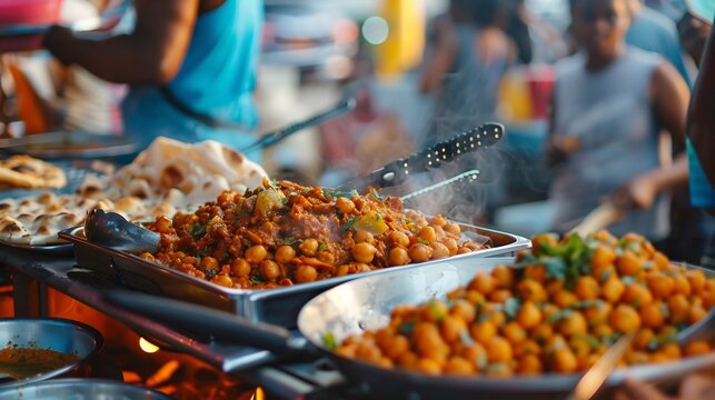 Trinidadian doubles stand with spicy chickpea curry tamarind sauce and flatbread in a busy street market