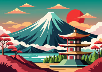 Mt Fuji vector art, Ukiyo-E style