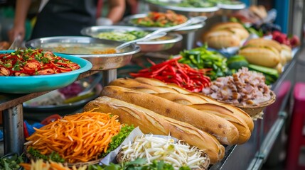 Fototapeta premium Vietnamese bnh m stand with fresh baguettes pickled vegetables and pork in a busy street