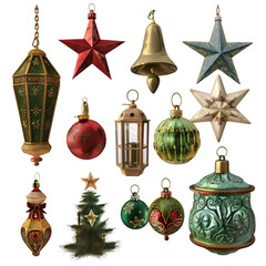 A collection of vintage Christmas ornaments, including a bell, stars, and a tree isolated on white background. Generative ai
