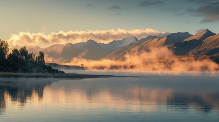 Fototapeta premium Serene Mountain Lake at Sunrise with Mist