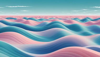 Waves and Dunes illustration, pastel colors, beautiful ai art of colorful landscapes in soft colors, liminal space style