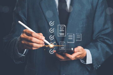 Document management concept, check electronic documents on digital documents on virtual screen Document Management System and process automation to efficiently document paperless operate, document.