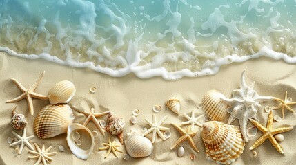 Seashells and Starfish on a Sandy Beach with a Wave