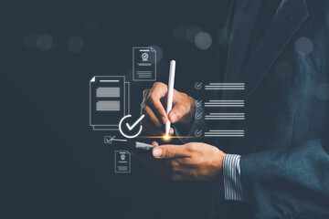 Business using tablet online survey filling out check digital form task, Checklist business performance monitoring concept, online survey question form, target marketing planning with quality control.