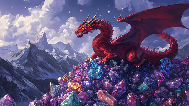 Atop a mountain of gemstones, a red dragon hoards its treasures amidst a landscape of shimmering jewels. Dragons Hoard. Illustration