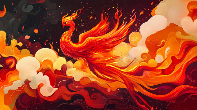 Abstract fluid illustration of big red phoenix bird among flames and clouds. Phoenix in Flames. Illustration