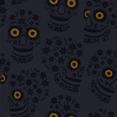 Seamless pattern with floral sugar skulls and flowers. The Day of the Dead. Beautiful illustration.