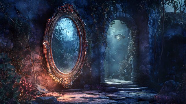 An enchanted mirror reflecting a different reality, with cryptic symbols around the frame, suggesting a magical puzzle fantasy, soft lighting. Enchanted Mirror. Illustration