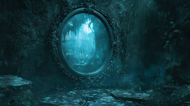 An enchanted mirror reflecting a different reality, with cryptic symbols around the frame, suggesting a magical puzzle fantasy, soft lighting. Enchanted Mirror. Illustration