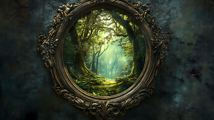 Obraz premium An enchanted mirror reflecting an ancient mystical forest serving as a window to hidden magical realms. Enchanted Mirror. Illustration