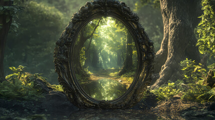 Obraz premium An enchanted mirror reflecting an ancient mystical forest serving as a window to hidden magical realms. Enchanted Mirror. Illustration