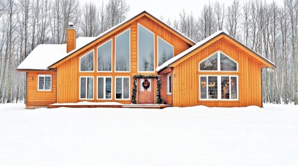 Cozy wooden house in snowy winter landscape