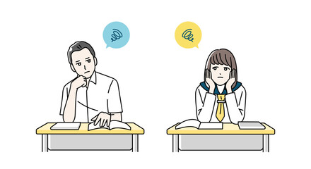 勉強中に悩んでいる高校生の男女のイラスト