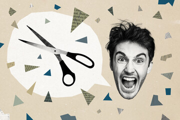 Composite photo collage of angry man cut staff unemployment concept scissors text box problem hysterics isolated on painted background