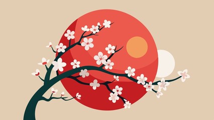 simplistic branch of cherry blossom tree with white pink flowers, red big sun in the back, simple background, Ukiyo-E style
