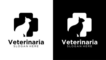 pet clinic animal cross health logo design template. cat and dog vector silhouette illustration