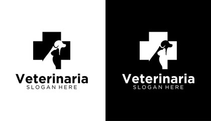 Obraz premium pet clinic animal cross health logo design template. cat and dog vector silhouette illustration